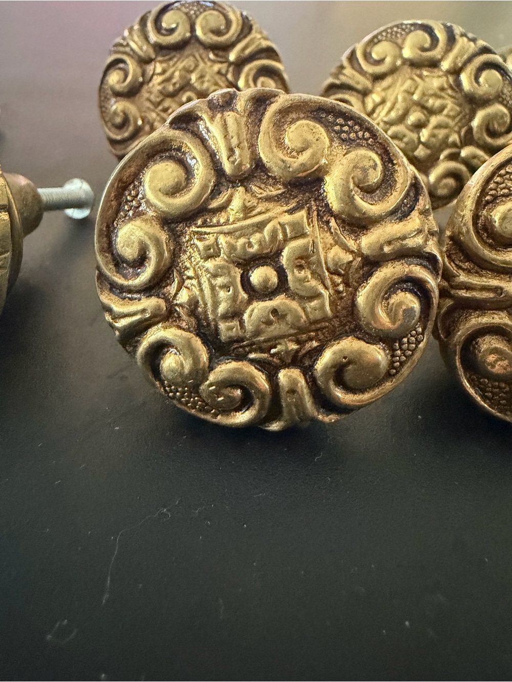 Vintage Set 10 Spanish Brass Cabinet Drawer Knobs Ornate Hardware Spain 1.75”
